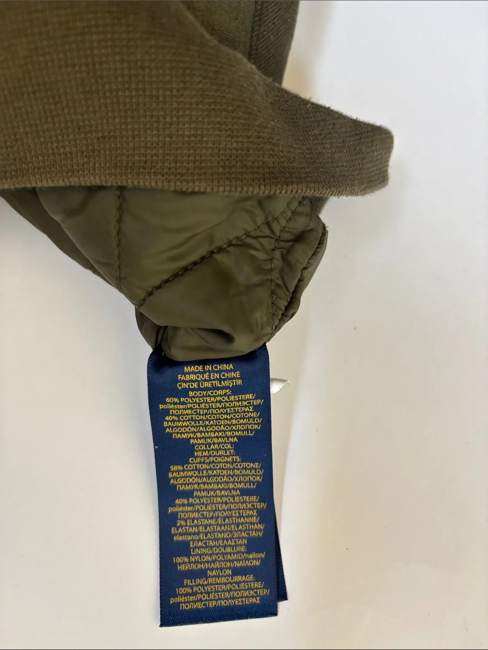 Polo Ralph Lauren Bomber Jacket Quilted Lined Full Zip Army Green Boys 14 Large